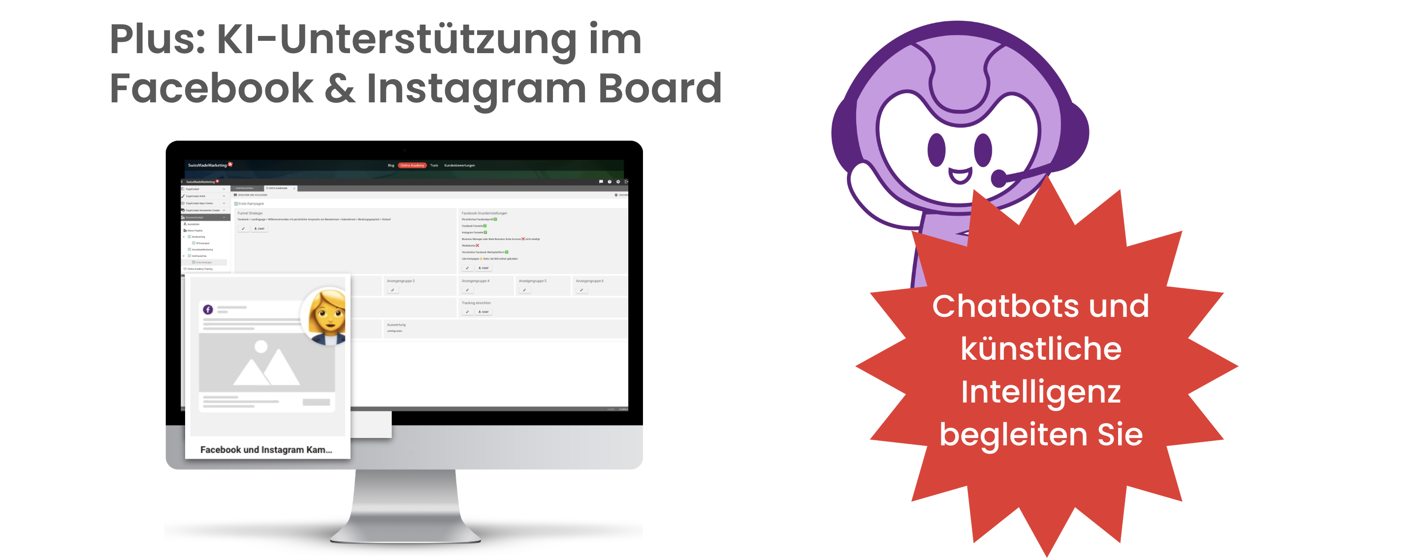 Facebook und Instagram Kampagne Board mit Unterstützung von KI und Chatbots